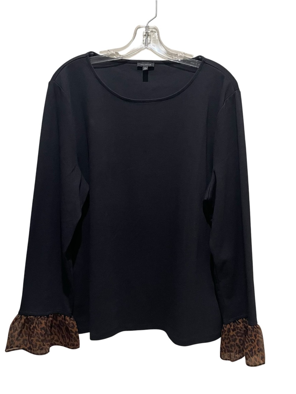 Talbots Leopard Ruffle Cuff Top Black Brown Women’s Size XL Long Sleeve Scoop